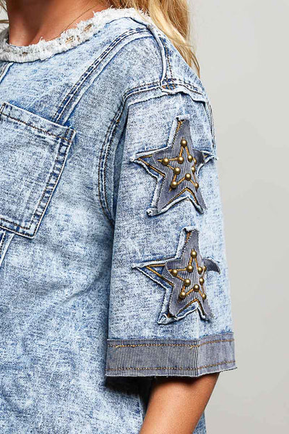 POL Denim Star Stud Patchwork Top