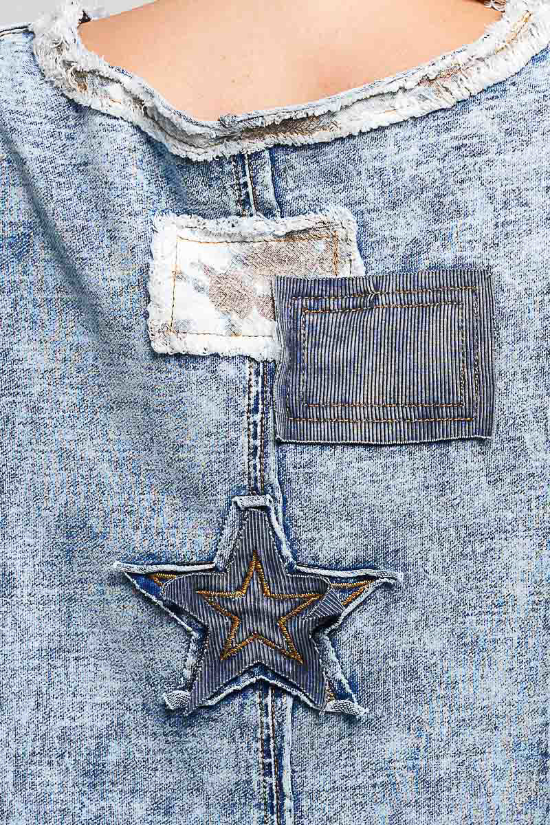 POL Denim Star Stud Patchwork Top