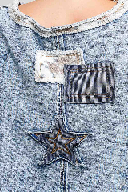 POL Denim Star Stud Patchwork Top