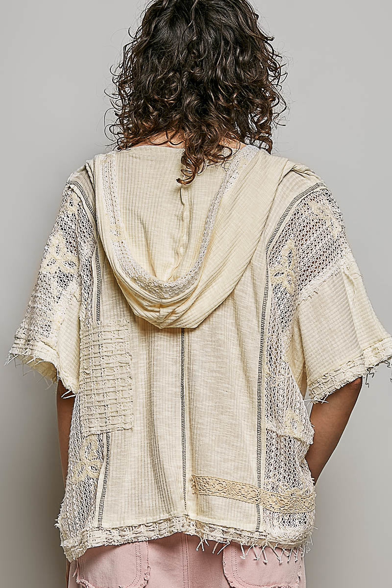 POL Natural Crochet Patch Hoodie Top