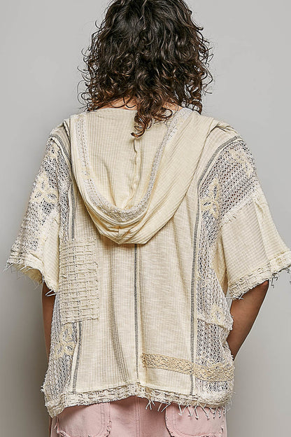 POL Natural Crochet Patch Hoodie Top