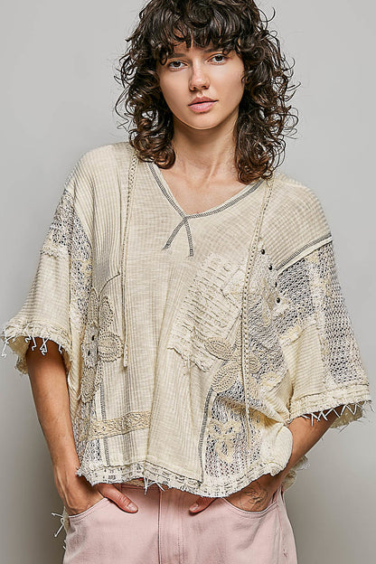 POL Natural Crochet Patch Hoodie Top