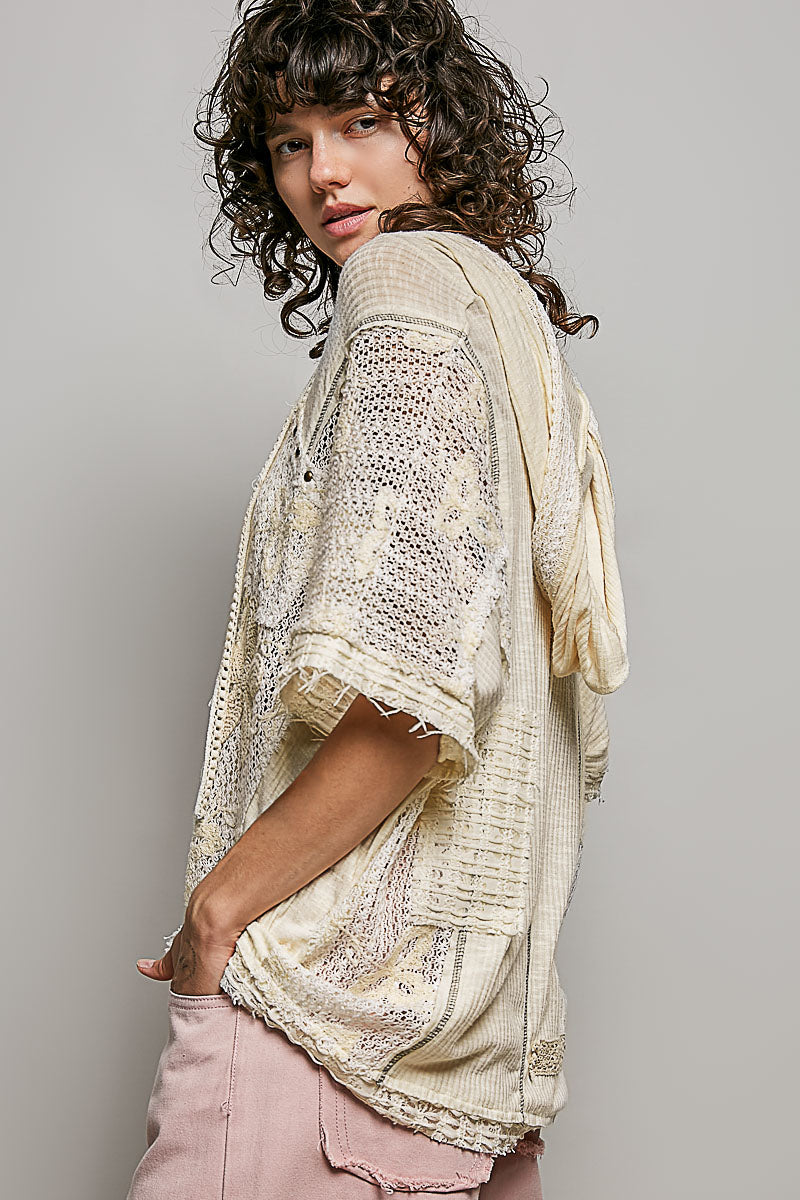 POL Natural Crochet Patch Hoodie Top