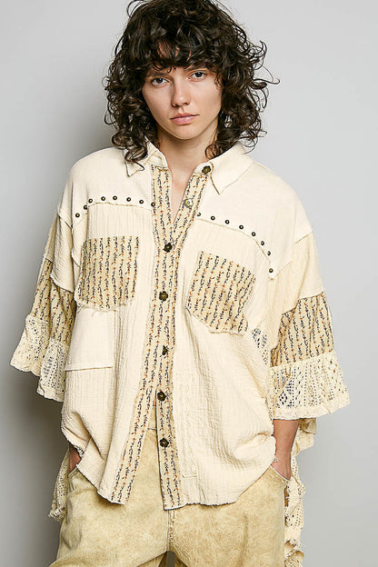 POL Natural Lace Gauze Ruffle Top