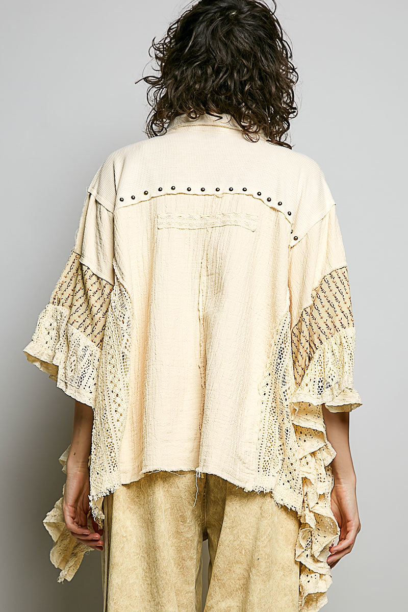 POL Natural Lace Gauze Ruffle Top