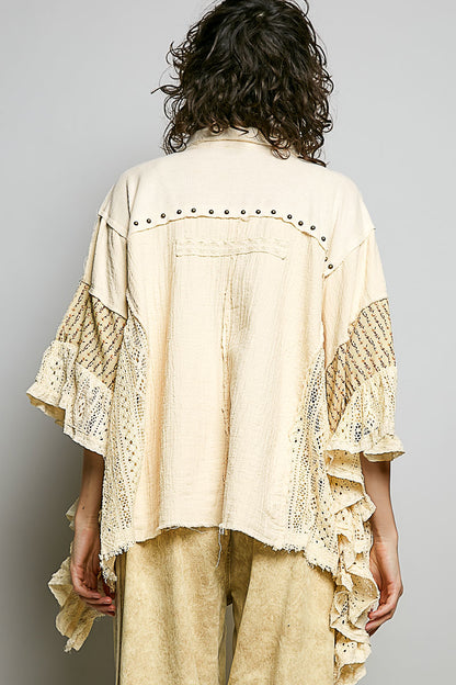 POL Natural Lace Gauze Ruffle Top