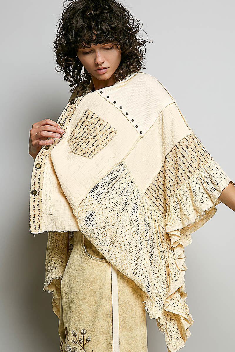 POL Natural Lace Gauze Ruffle Top