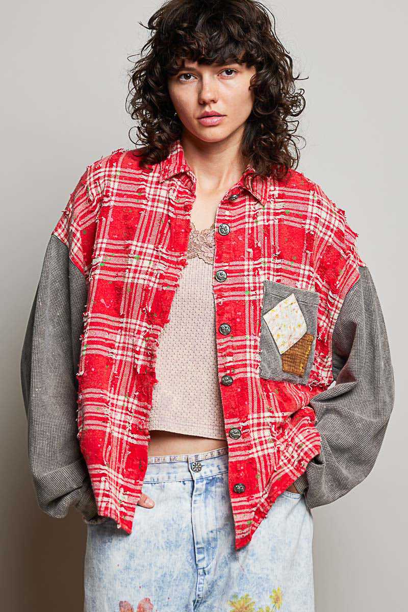 POL Red Plaid Paint Splatter Flannel Top