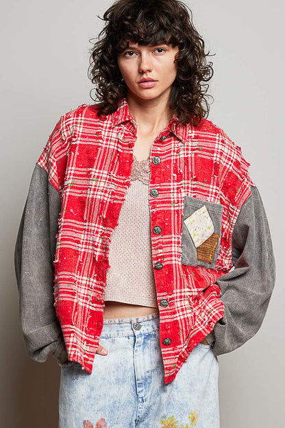 POL Red Plaid Paint Splatter Flannel Top