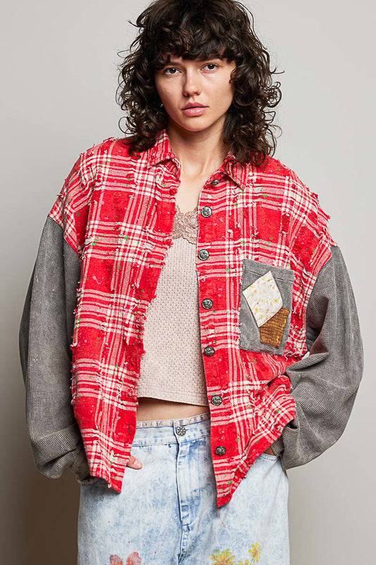 POL Red Plaid Paint Splatter Flannel Top