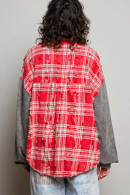 POL Red Plaid Paint Splatter Flannel Top