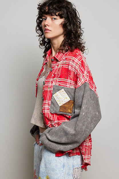POL Red Plaid Paint Splatter Flannel Top