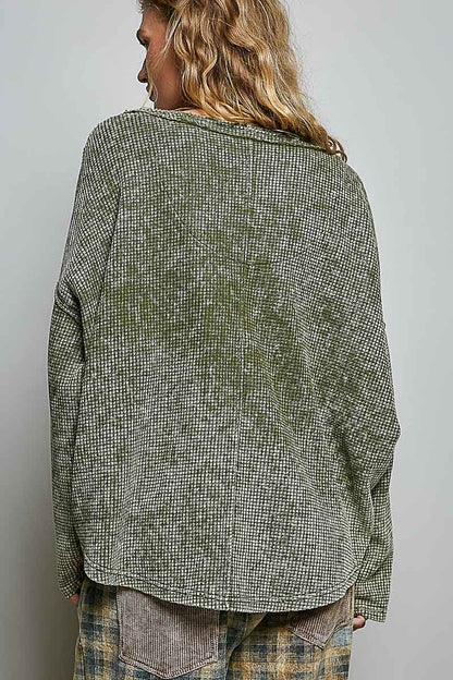POL Olive Thermal Waffle Knit Long Sleeve Top