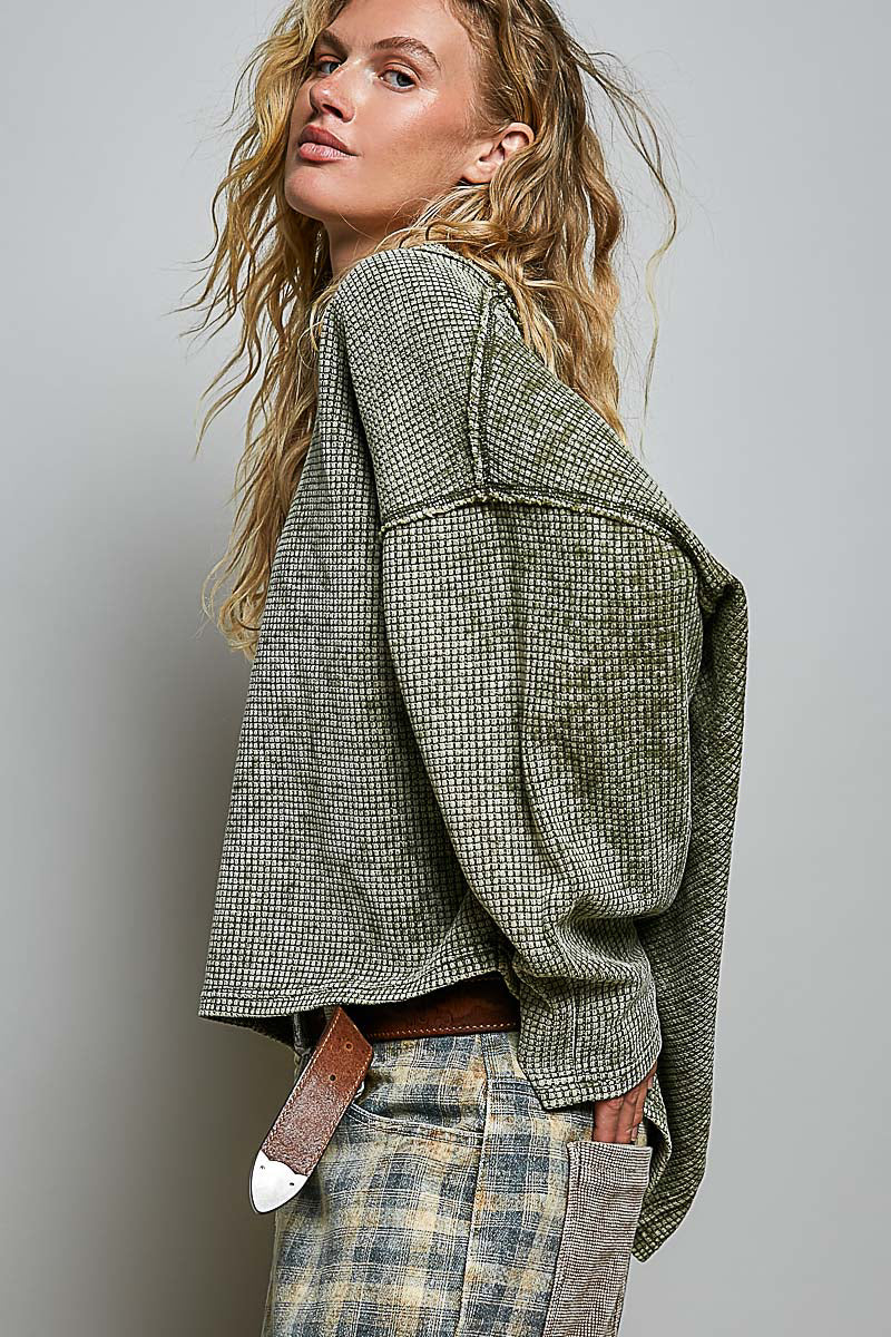 POL Olive Thermal Waffle Knit Long Sleeve Top