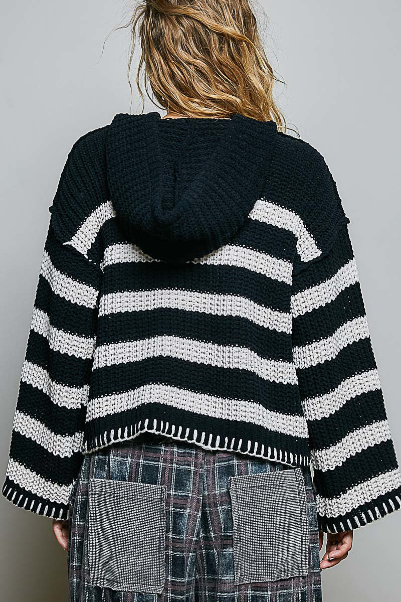 POL Black & Ivory Stripe Hoodie Sweater
