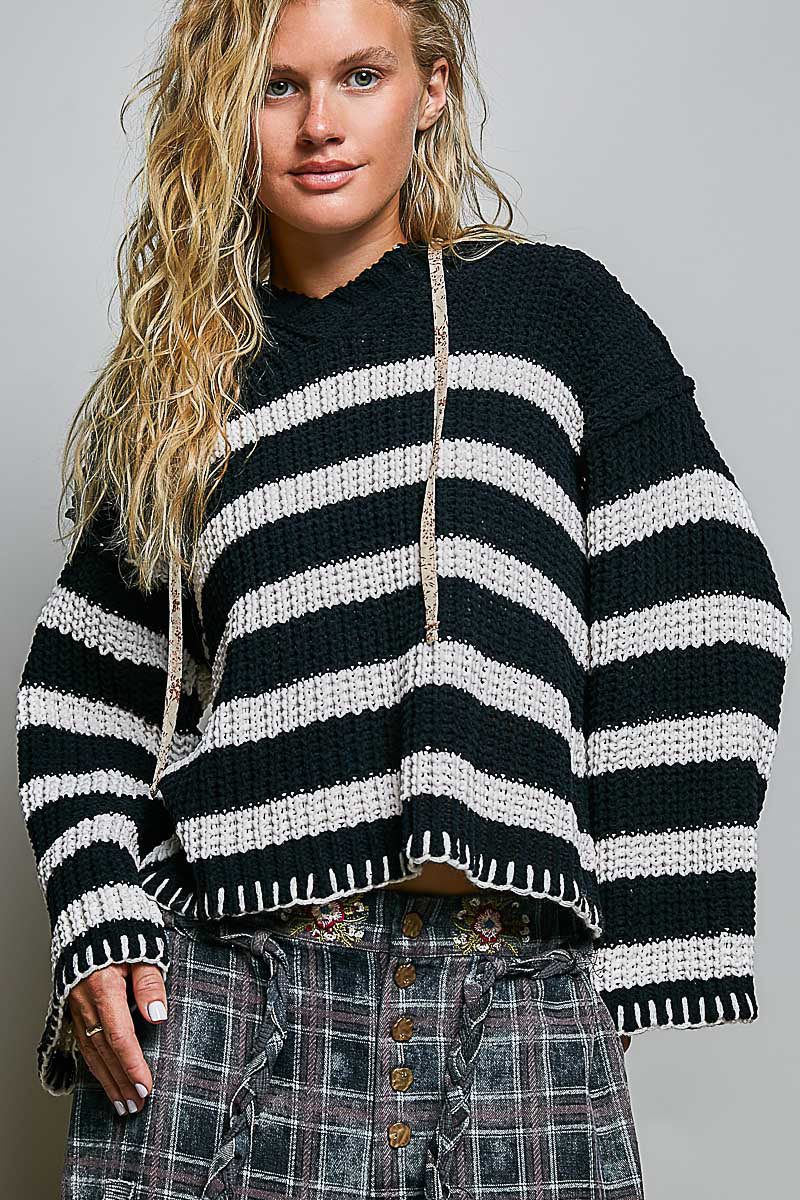 POL Black & Ivory Stripe Hoodie Sweater