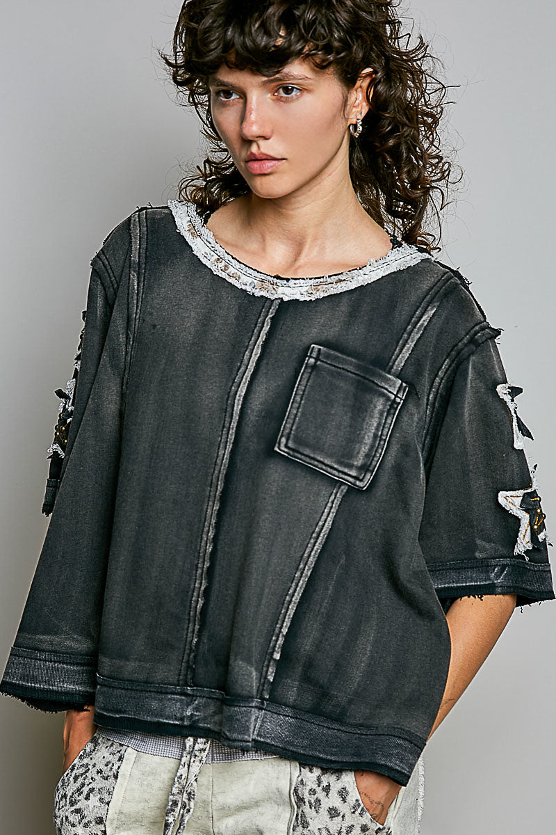 POL Black Star Stud Patchwork Top