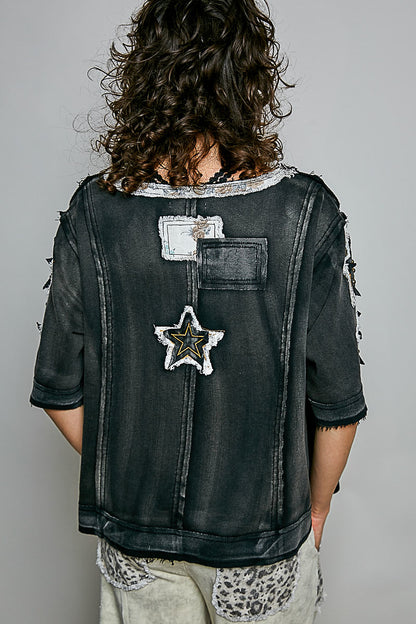 POL Black Star Stud Patchwork Top