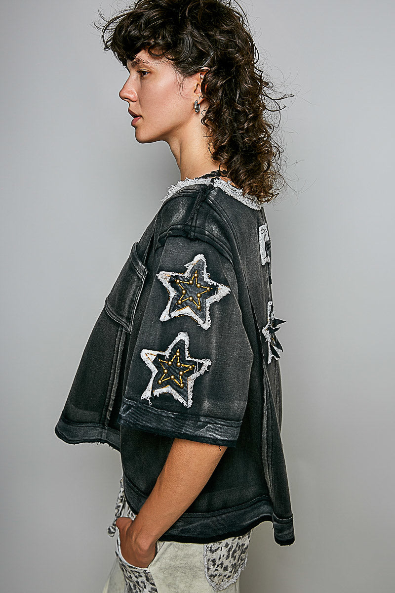 POL Black Star Stud Patchwork Top