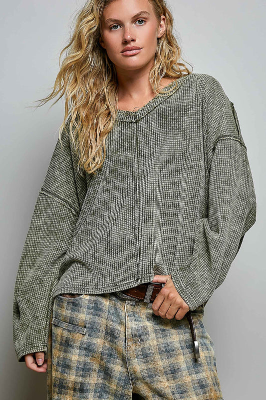 POL Olive Thermal Waffle Knit Long Sleeve Top
