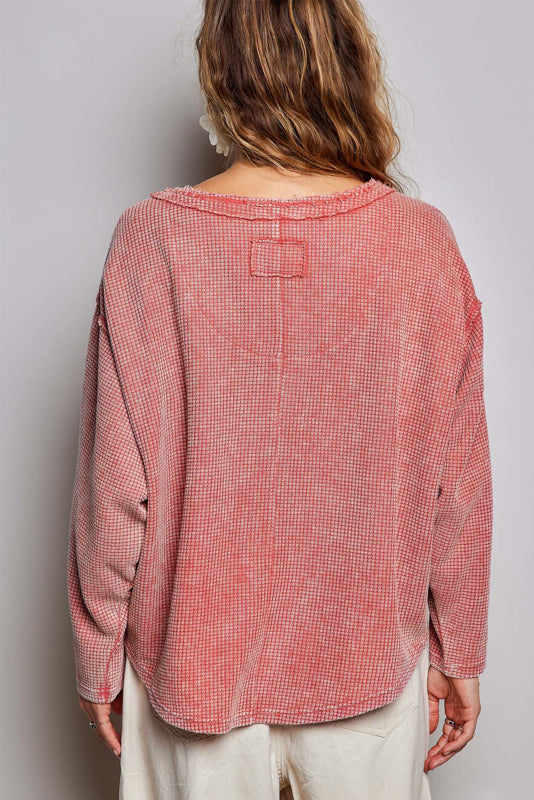 POL Coral Thermal Waffle Knit Long Sleeve Top