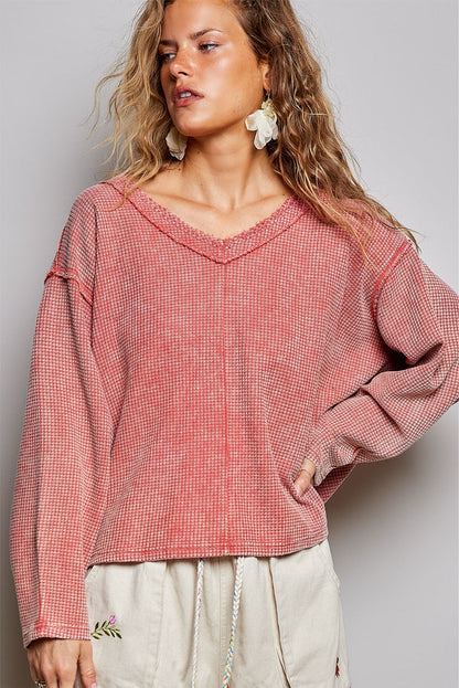 POL Coral Thermal Waffle Knit Long Sleeve Top