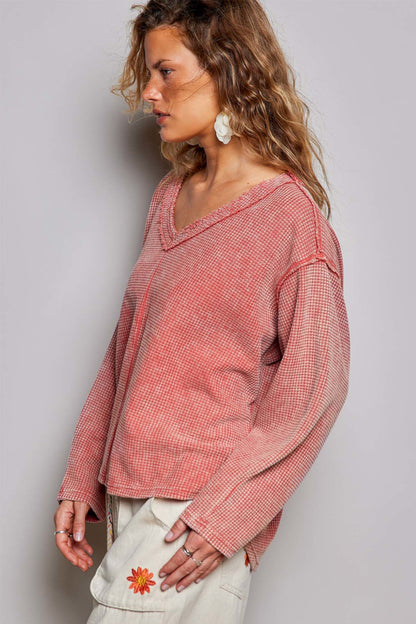 POL Coral Thermal Waffle Knit Long Sleeve Top