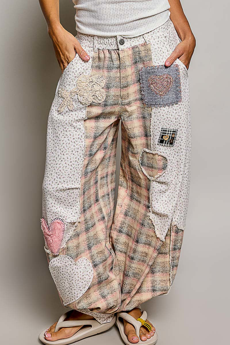 POL Pink Heart Plaid Patchwork Joggers