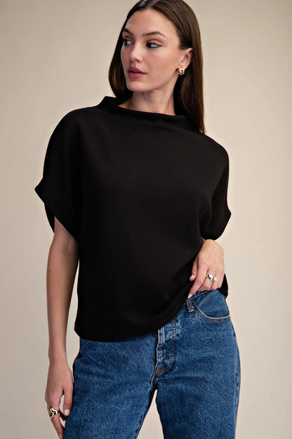 Black Mock Neck Batwing Sleeve Top