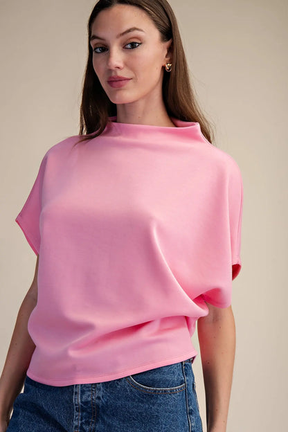 Pink Mock Neck Batwing Sleeve Top