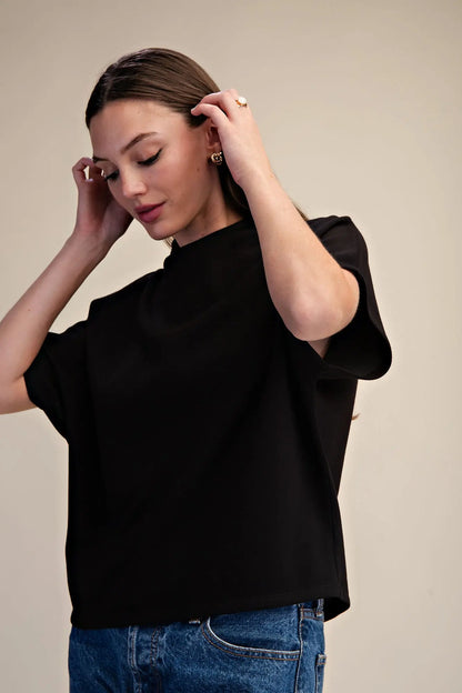 Black Mock Neck Batwing Sleeve Top
