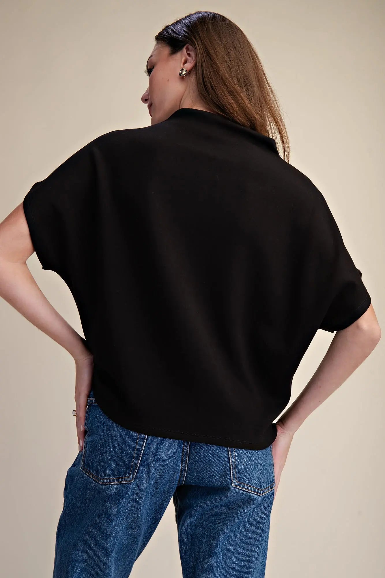 Black Mock Neck Batwing Sleeve Top