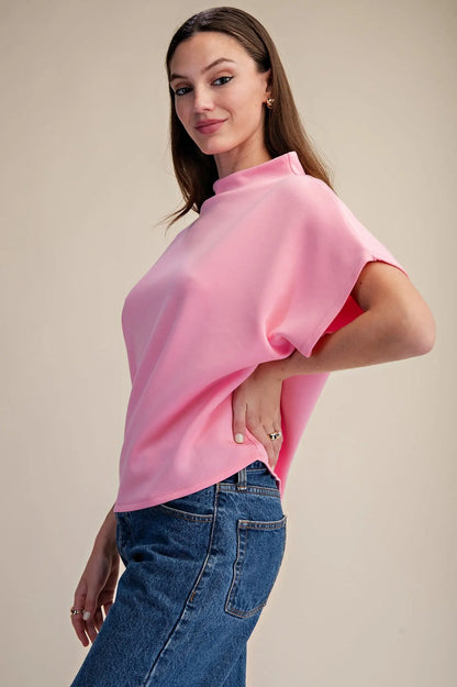 Pink Mock Neck Batwing Sleeve Top