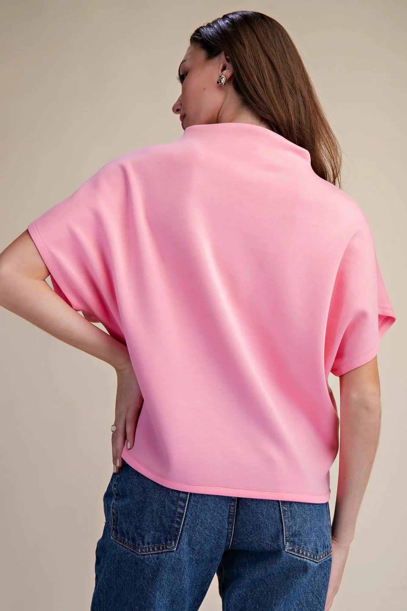 Pink Mock Neck Batwing Sleeve Top