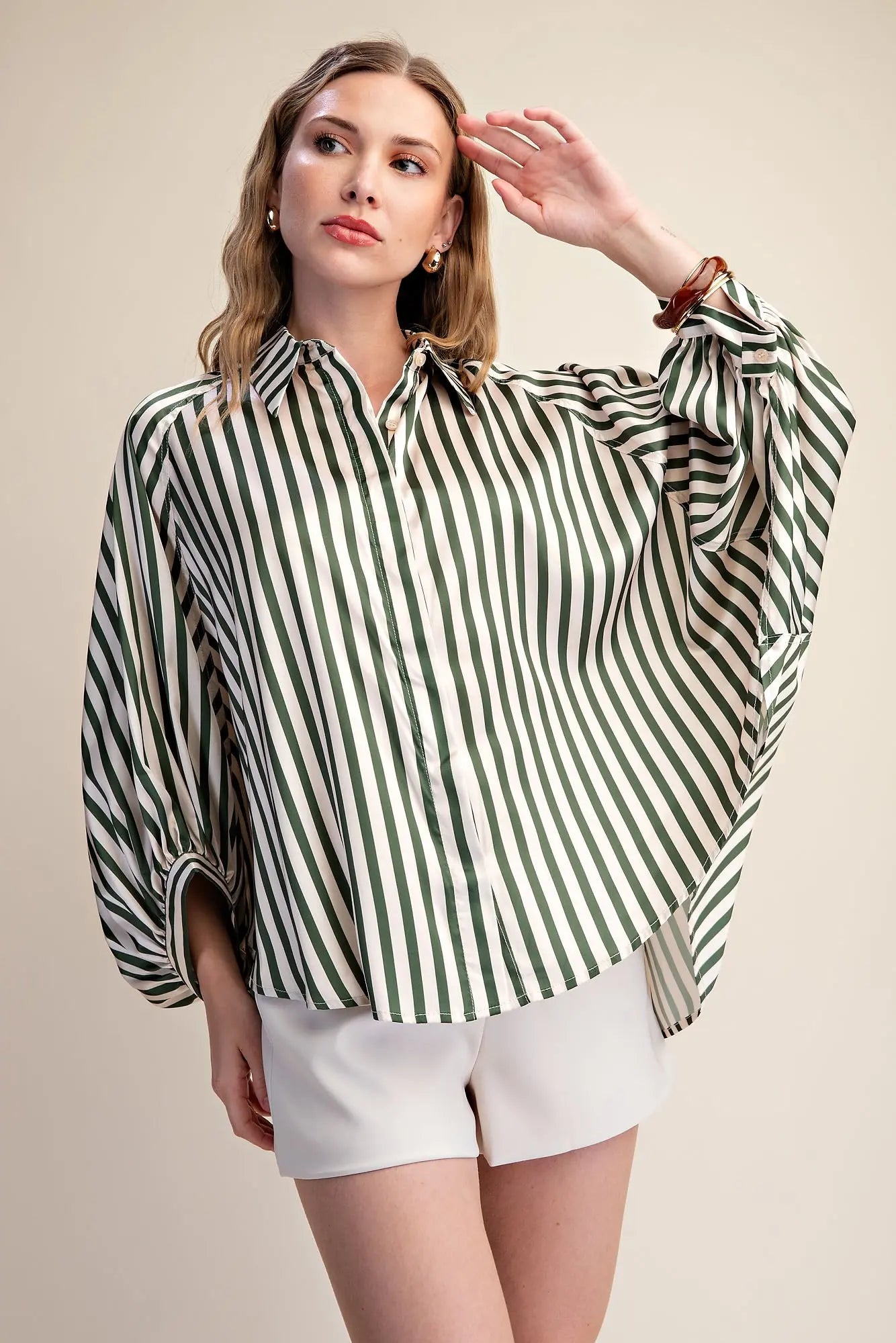 Olive Stripe Wide Puff Sleeve Button Down Shirt