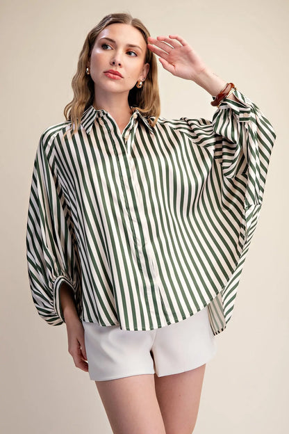 Olive Stripe Wide Puff Sleeve Button Down Shirt