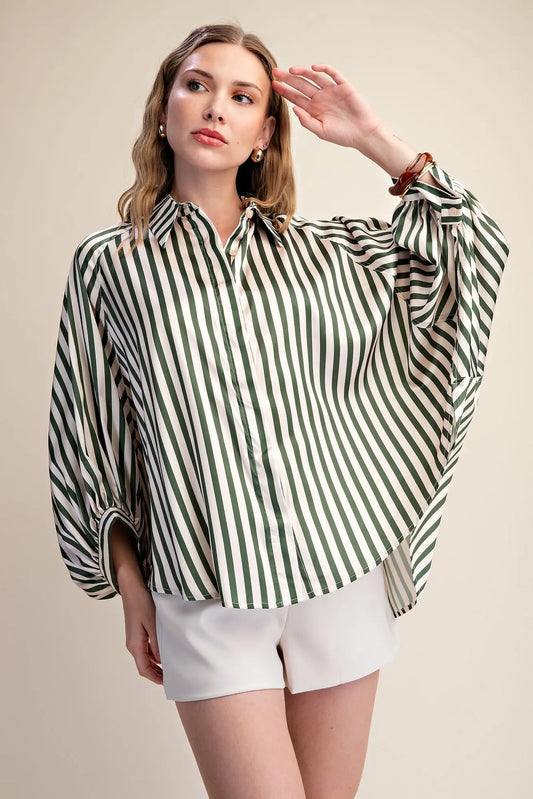 Olive Stripe Wide Puff Sleeve Button Down Shirt