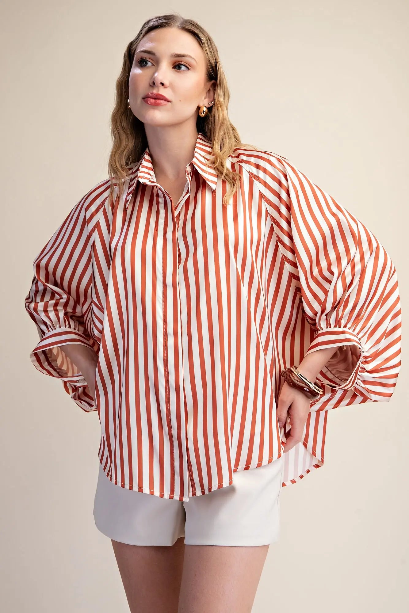 Camel Stripe Wide Puff Sleeve Button Down Shirt