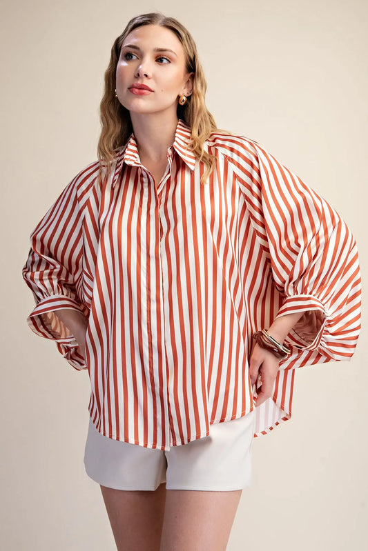 Camel Stripe Wide Puff Sleeve Button Down Shirt
