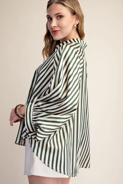 Olive Stripe Wide Puff Sleeve Button Down Shirt
