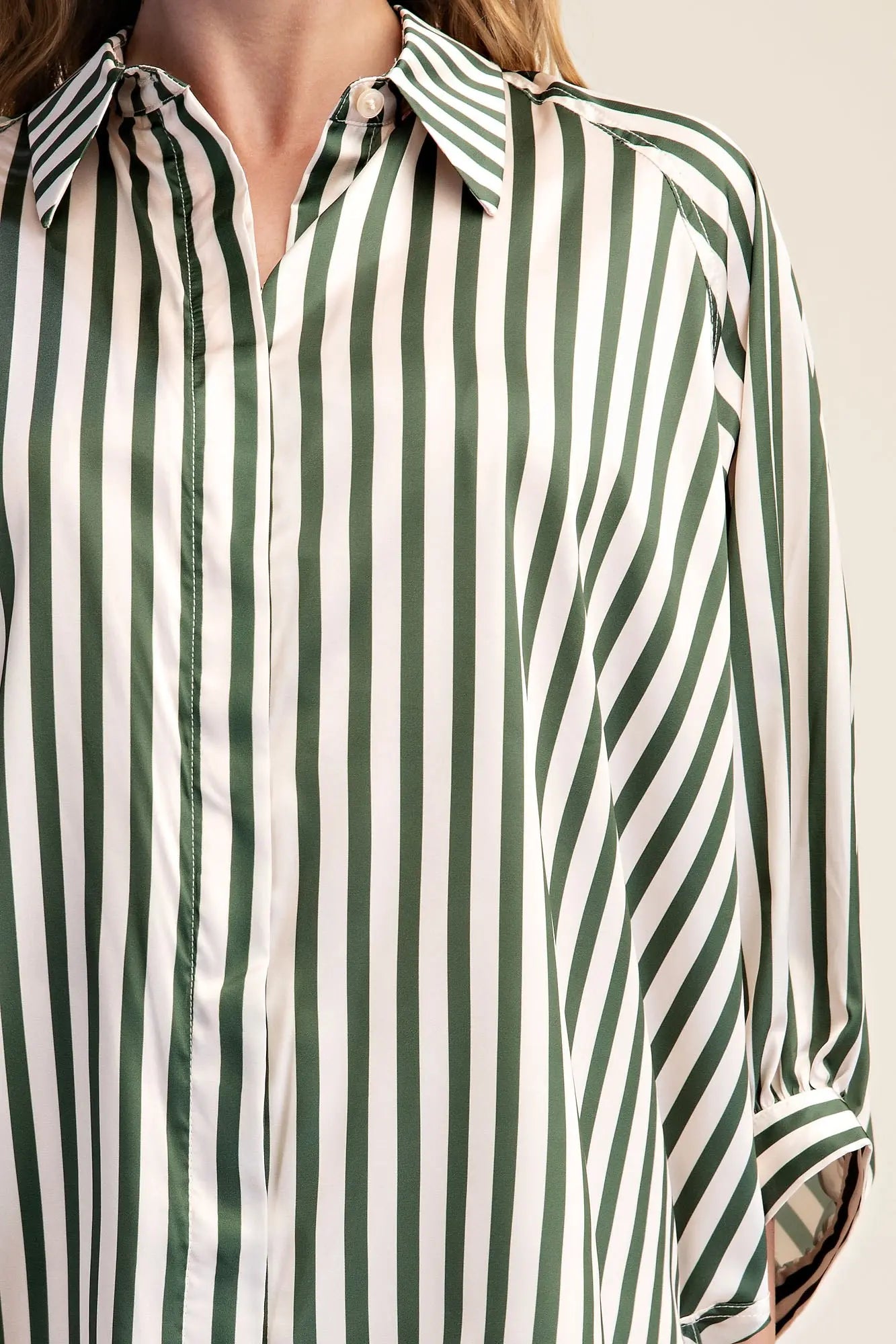 Olive Stripe Wide Puff Sleeve Button Down Shirt