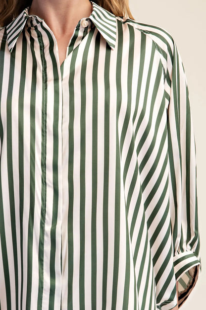 Olive Stripe Wide Puff Sleeve Button Down Shirt
