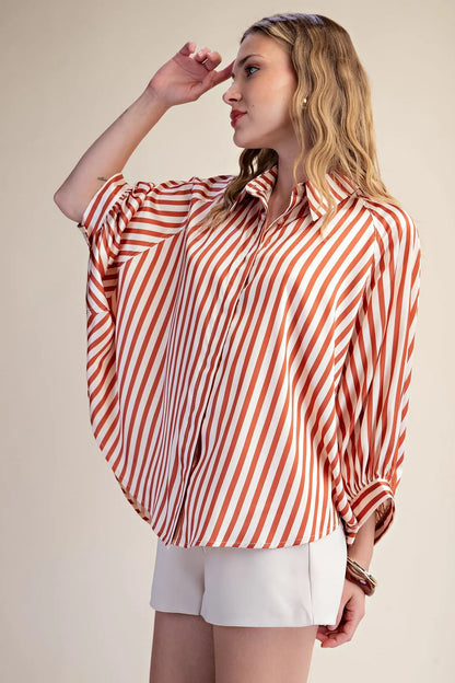 Camel Stripe Wide Puff Sleeve Button Down Shirt