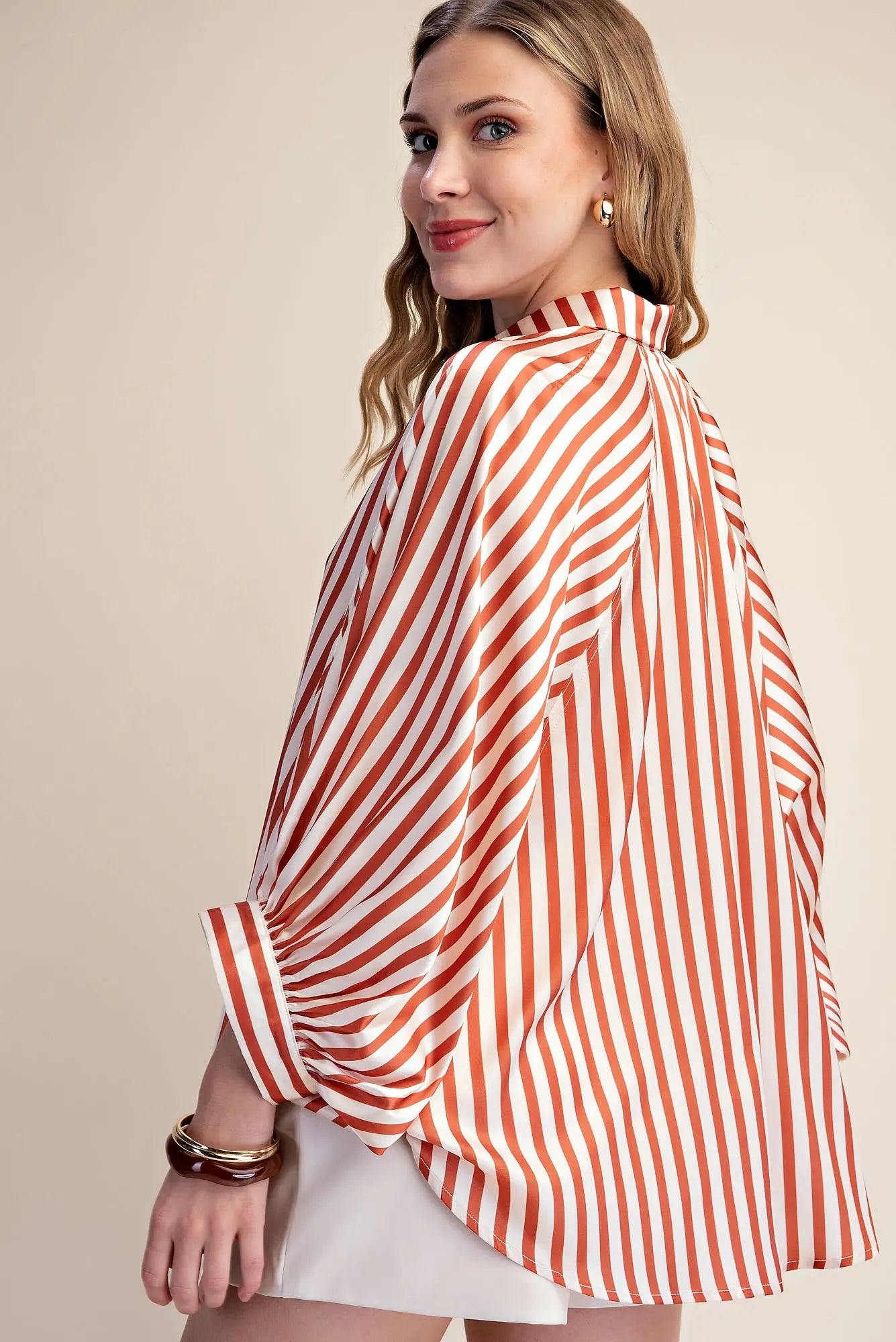 Camel Stripe Wide Puff Sleeve Button Down Shirt
