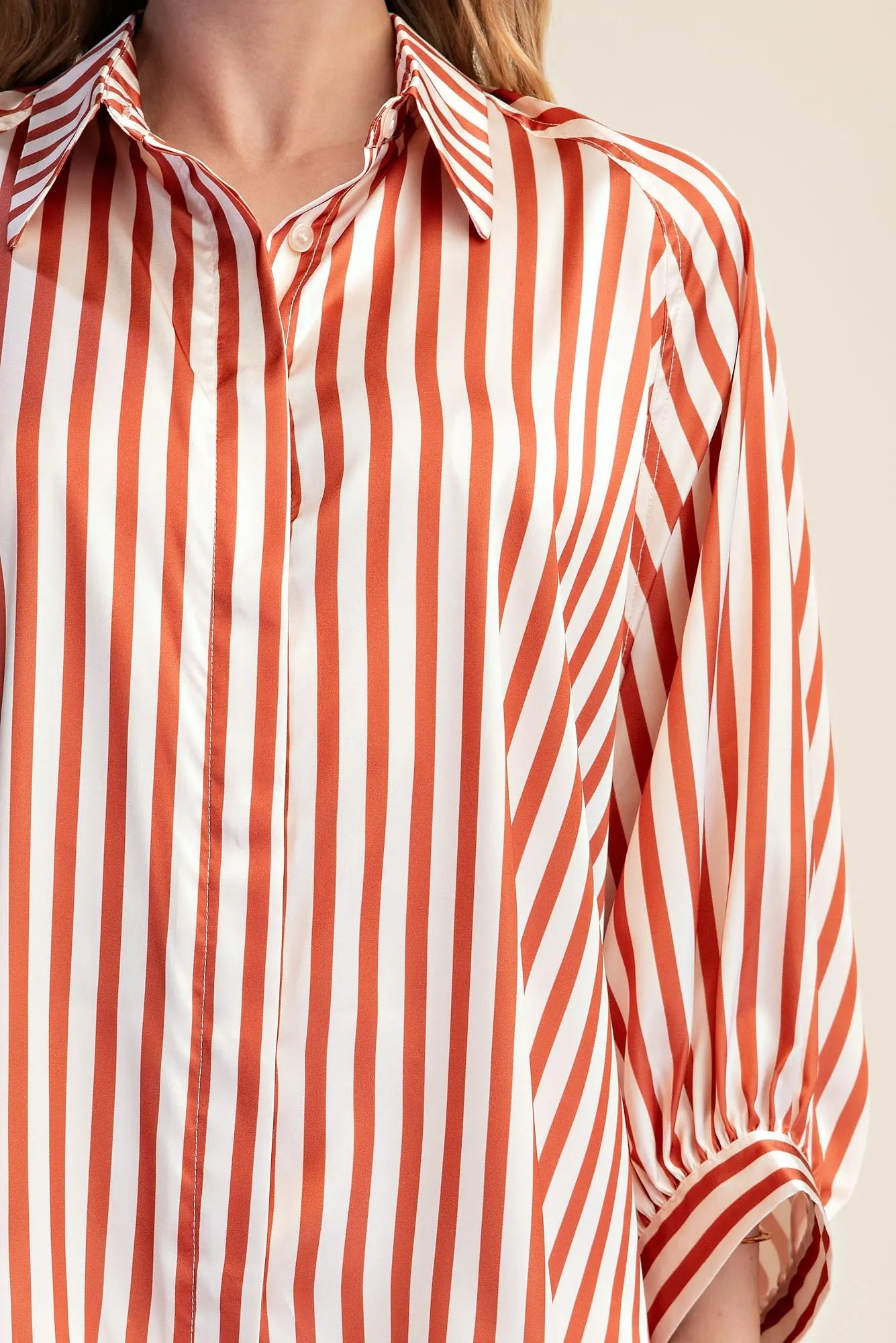 Camel Stripe Wide Puff Sleeve Button Down Shirt
