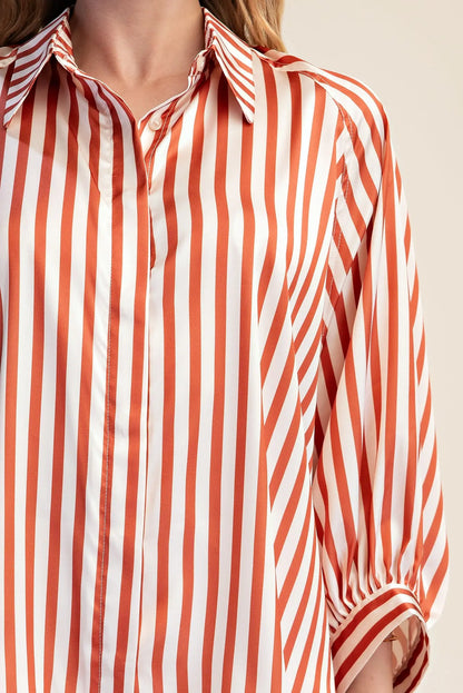 Camel Stripe Wide Puff Sleeve Button Down Shirt
