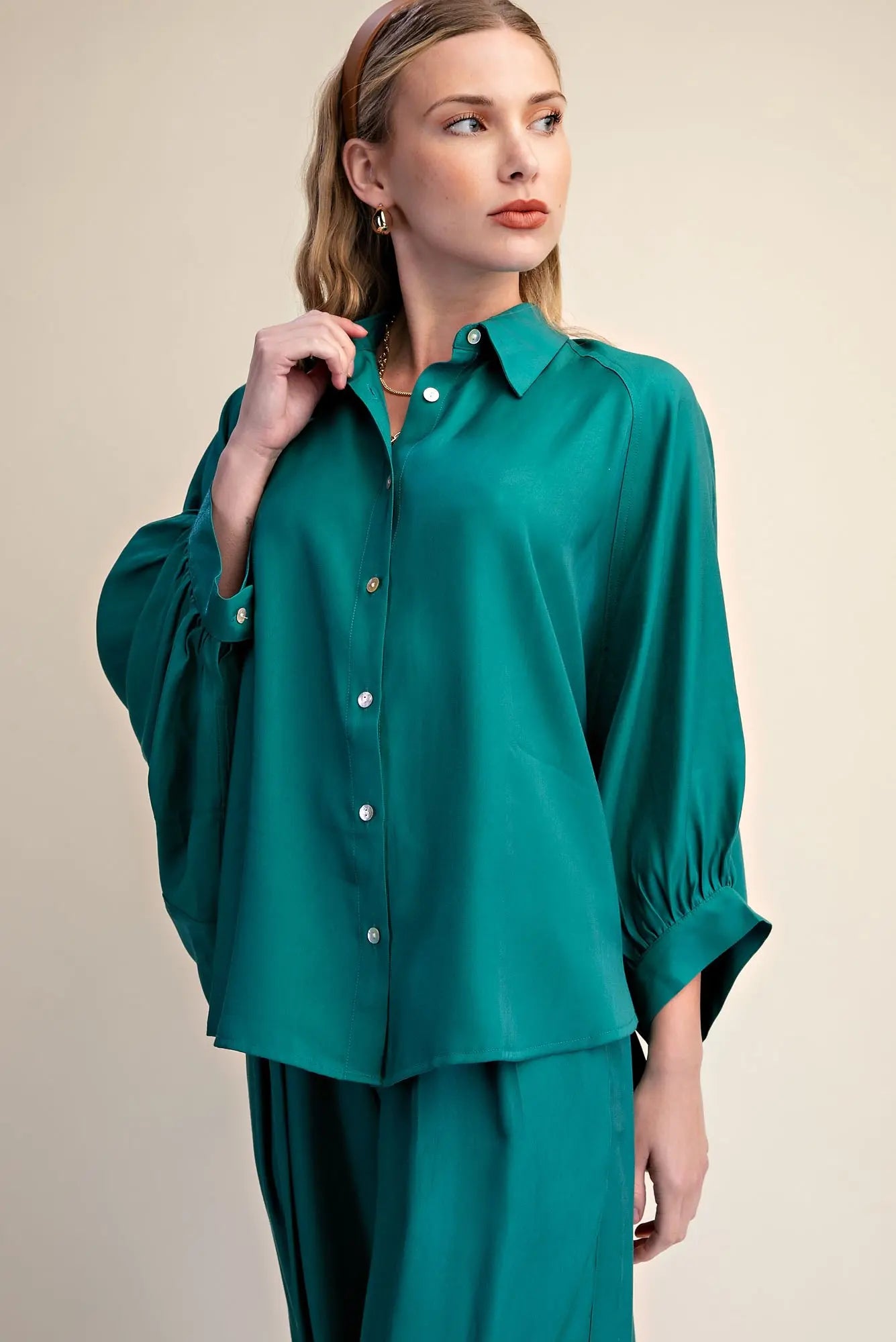 Teal Puff Wide Long Sleeve Button Down Top