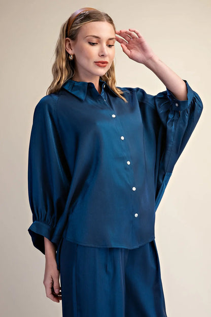 Navy Puff Wide Long Sleeve Button Down Top