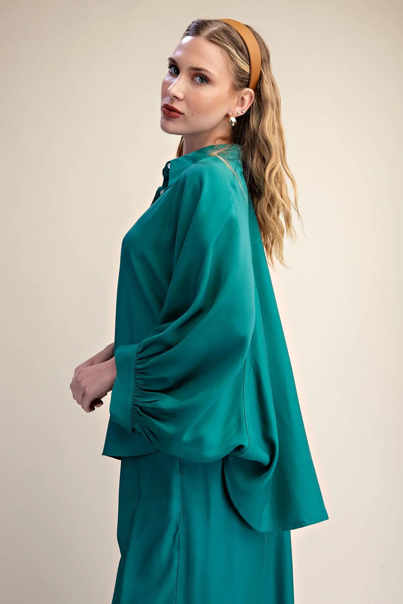 Teal Puff Wide Long Sleeve Button Down Top