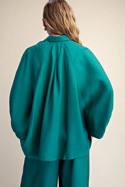 Teal Puff Wide Long Sleeve Button Down Top
